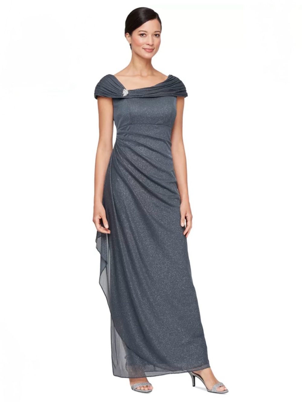 Alex Evenings Glittered Off-Shoulder Maxi Gown in Gray